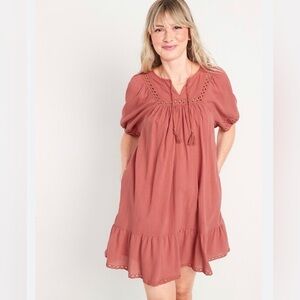 Old Navy Puff-Sleeve Tie-Neck Eyelet Mini Dusty Rose Swing Boho Dress Small